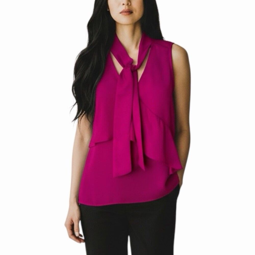 Parker Women's Magenta Tie Neck Sleeveless Blouse Size S Ruffle Front Top